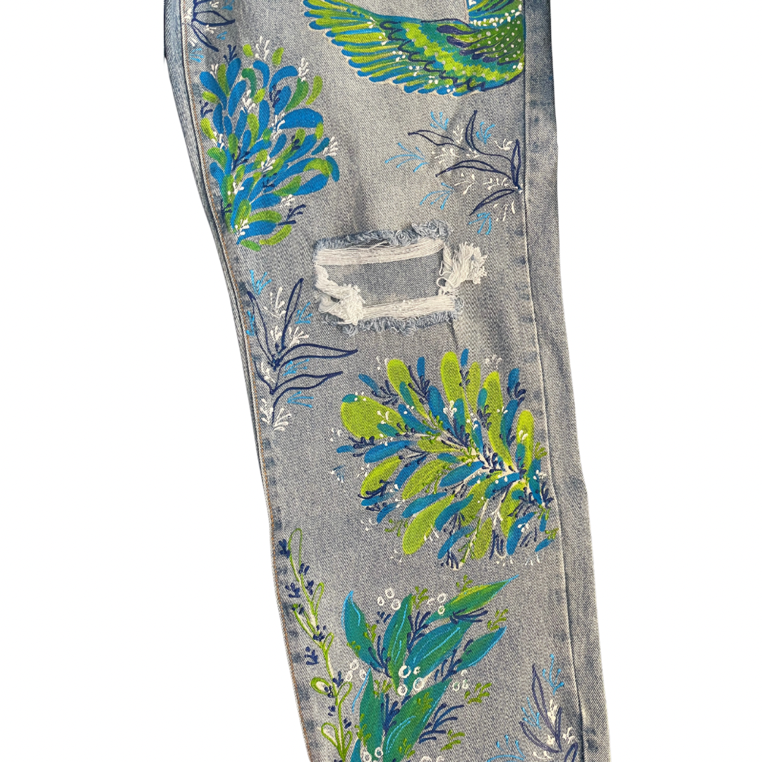 Green & Blue Mocking Bird Jeans
