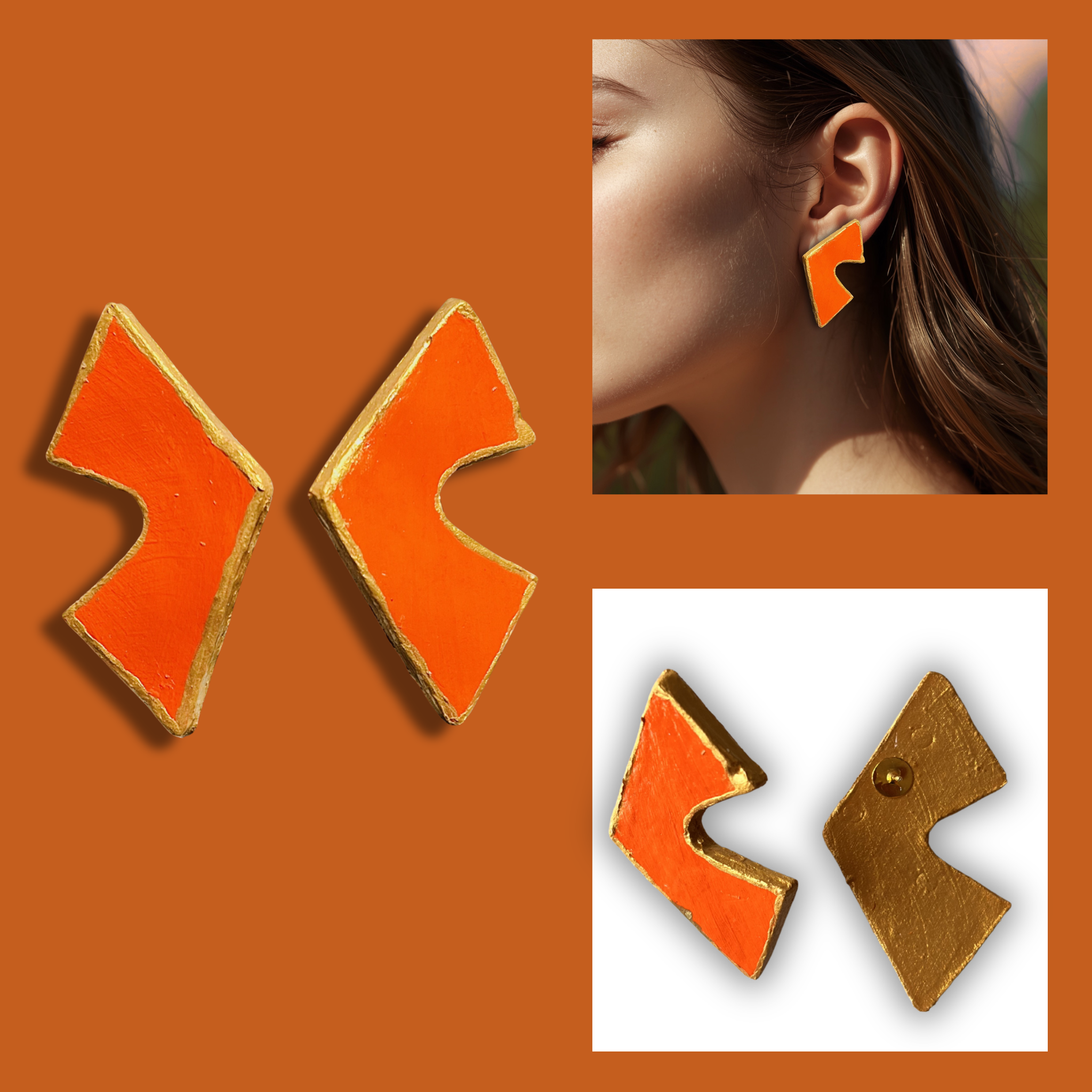 Electric Orange Textured Boomerang Statement Earrings