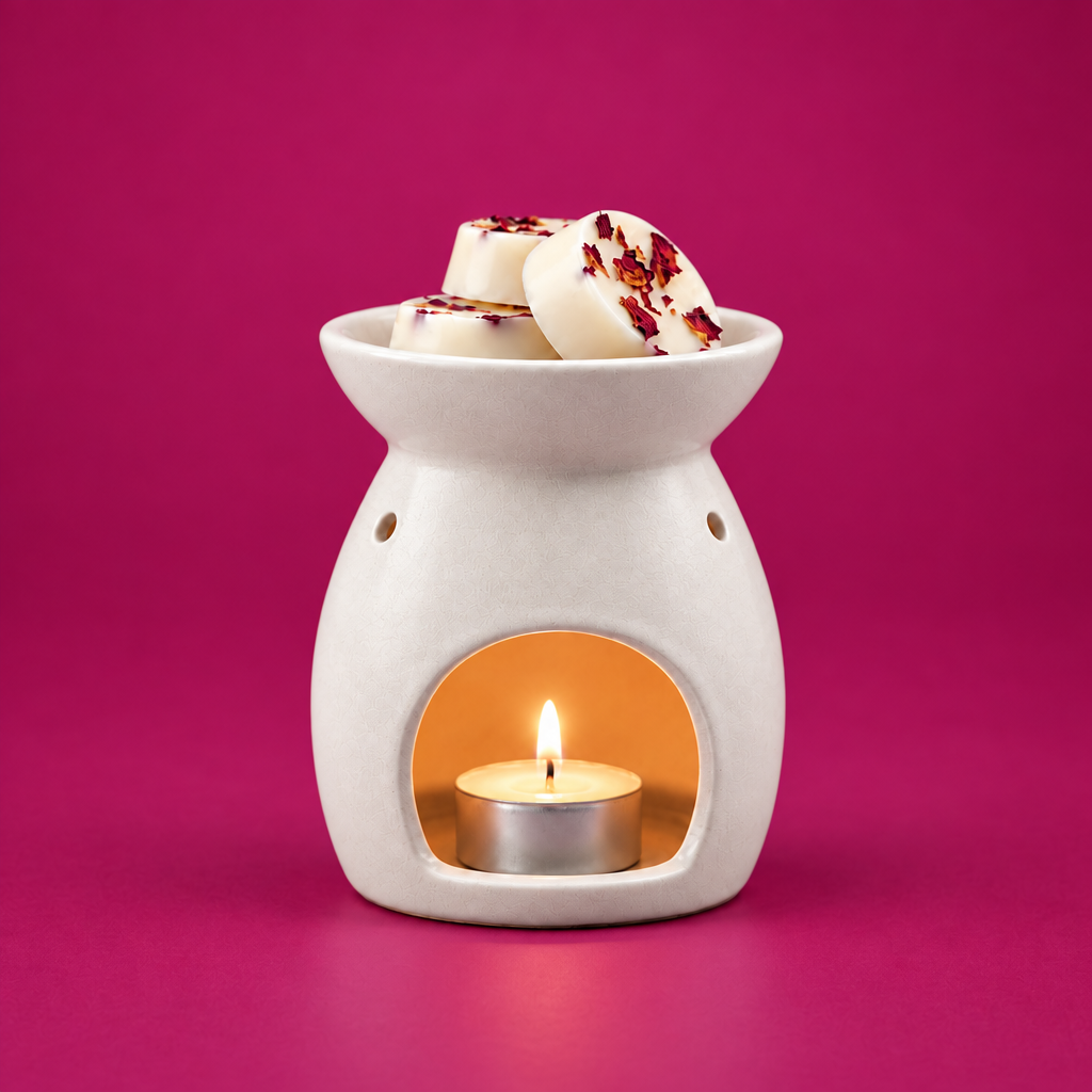 A pink ceramic wax warmer with a lit tealight candle inside, holding two white wax melts with dried rose petals on top, set against a dark pink background with scattered dried petals.