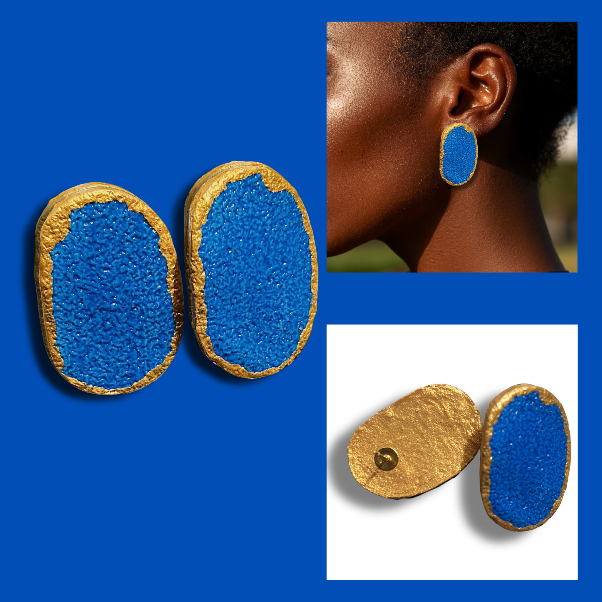 Lapis Blue Sandpaper Textured Oval Statement Earrings