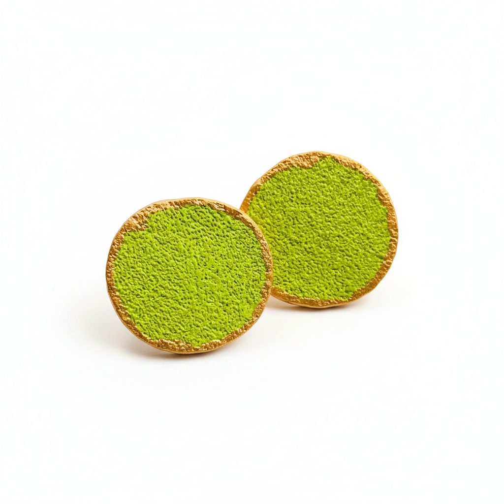 Two green circular objects with brown edges on a black and white patterned background