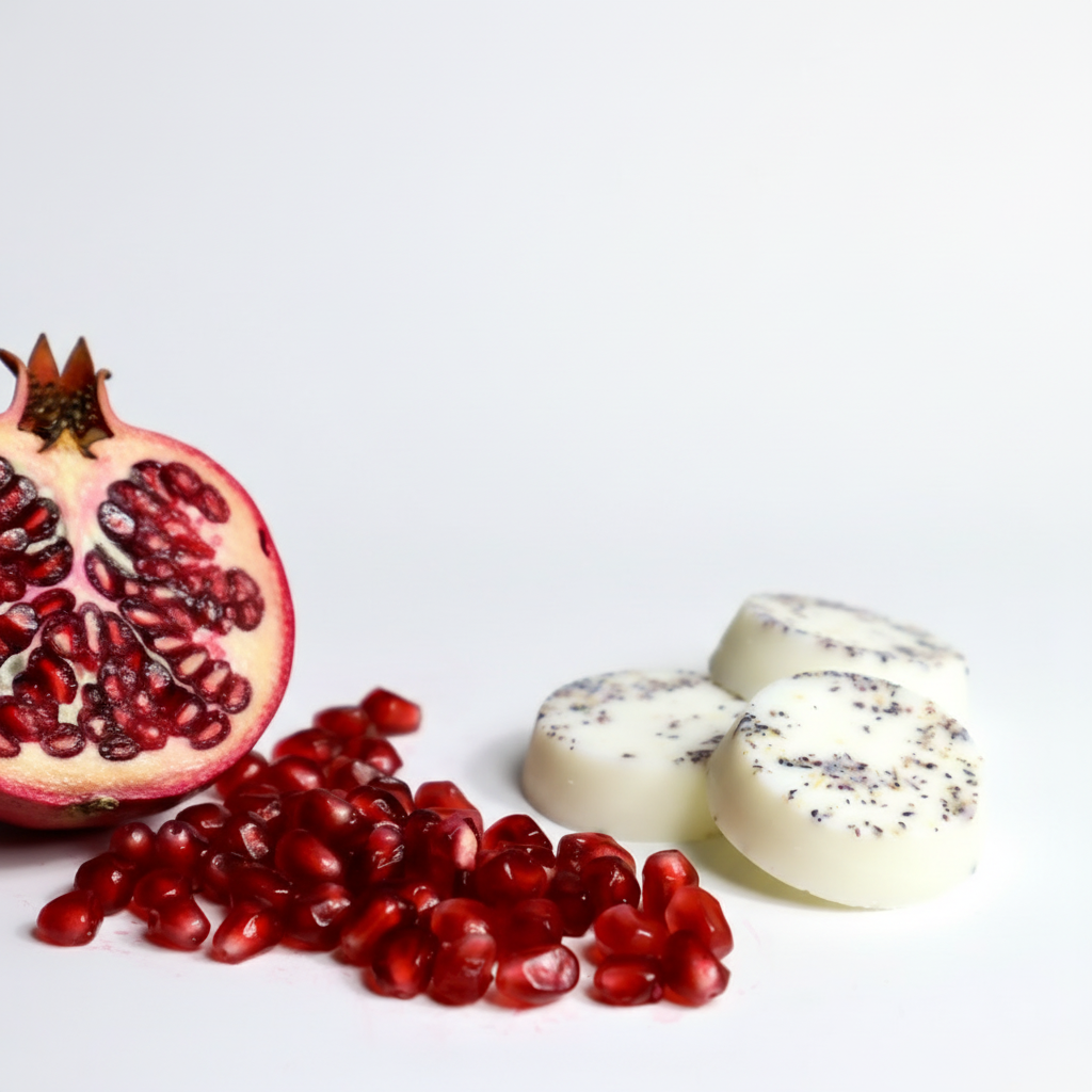 Three blocks of 100% natural soy wax with a pomegranate fragrance oil, accompanied by dried pomegranate shavings on a white background.