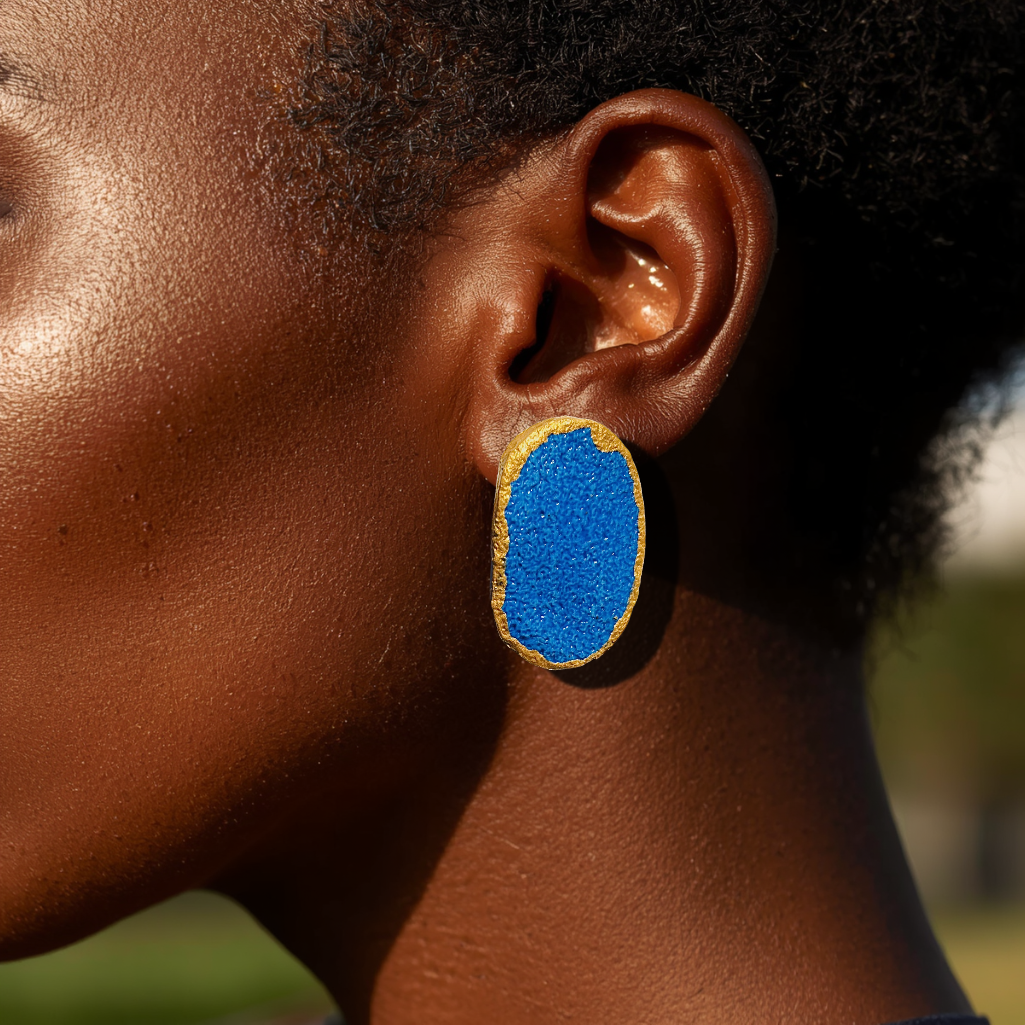 Lapis Blue Sandpaper Textured Oval Statement Earrings