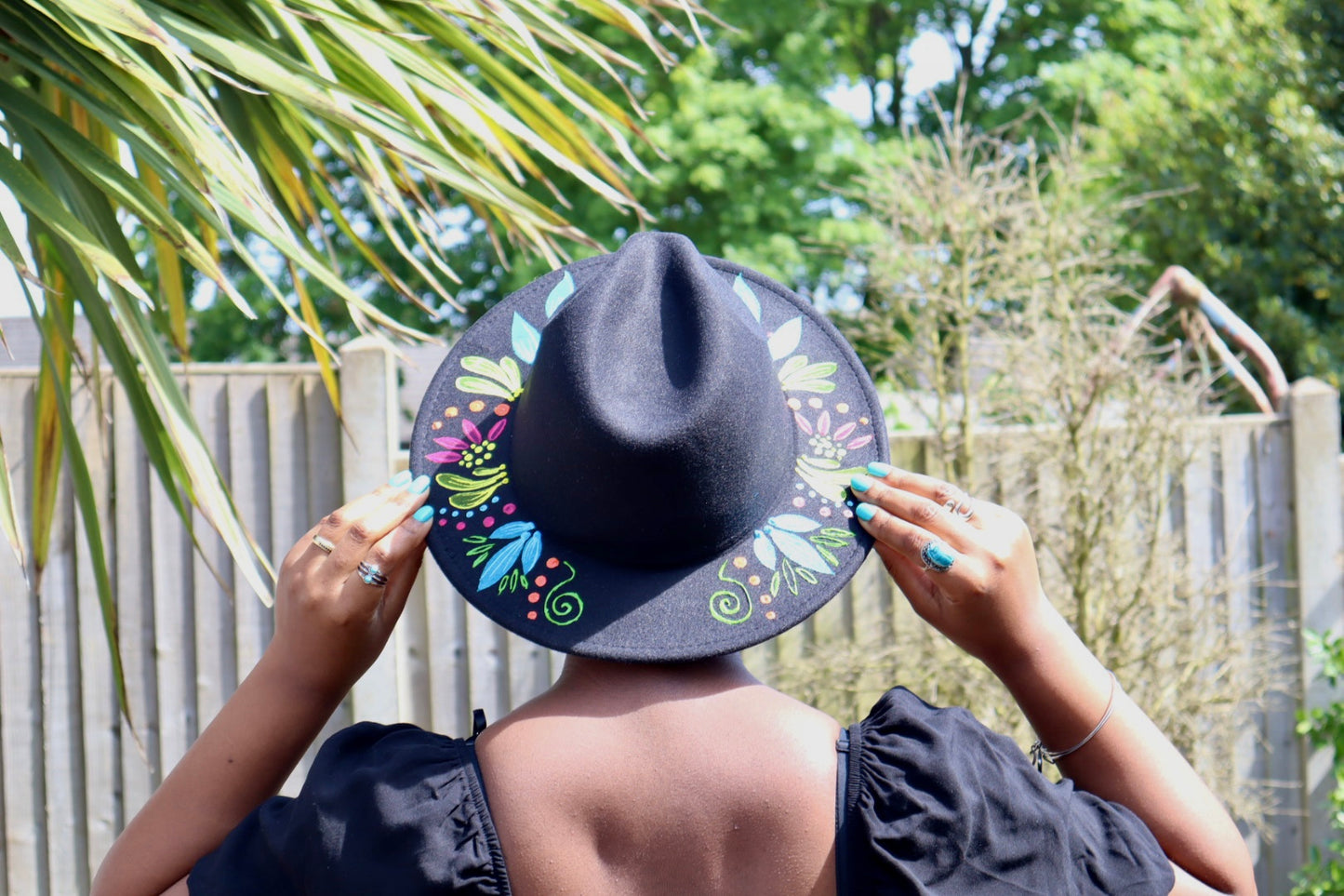 Hand Painted Floral Wide Brim Fedora Hat