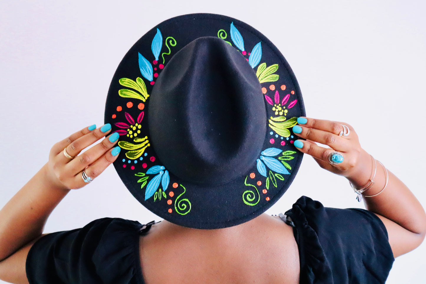 Hand Painted Floral Wide Brim Fedora Hat