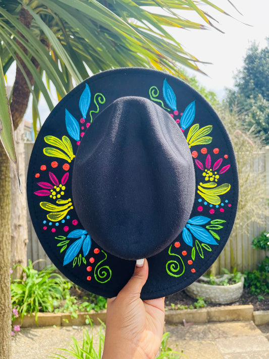 Hand Painted Floral Wide Brim Fedora Hat